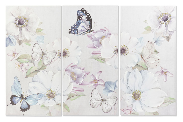 Quadro fiori e farfalle set 3 pezzi art CU-194015 stampa su tela con dettagli 3D e glitter oro 100x50h €79